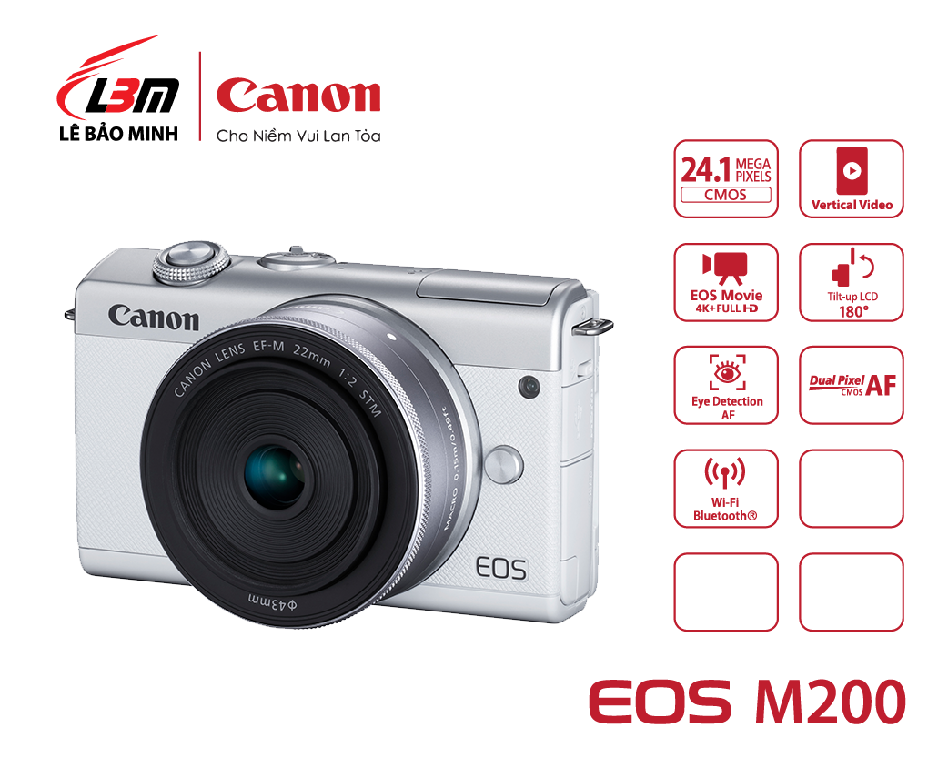 Canon EOS M200 đen trắng mang đến một thiết kế độc đáo và tinh tế cùng chất lượng hình ảnh hoàn hảo. Với tính năng chụp ảnh sáng giống như ban đêm, người dùng có thể chụp những bức ảnh độc đáo mà không cần nhiều kính tối. EOS M200 đen trắng khai thác điều đó với khả năng tạo được những bức ảnh đẹp nhất từ trước đến nay.